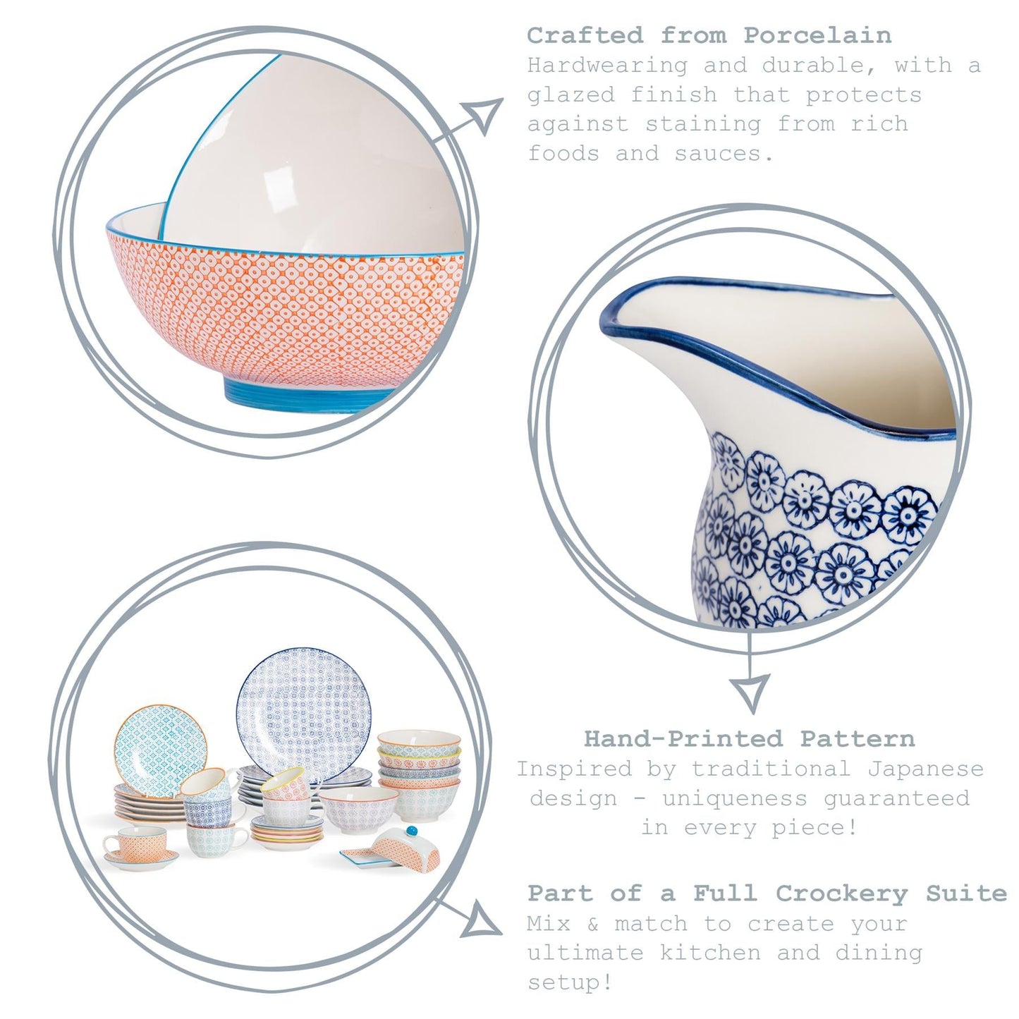 250ml Blue Hand-Printed Stoneware Cappuccino Cups - Pack of Six