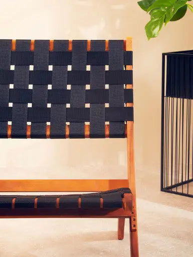 Emilio Black Woven Chair with Acacia Wood Frame