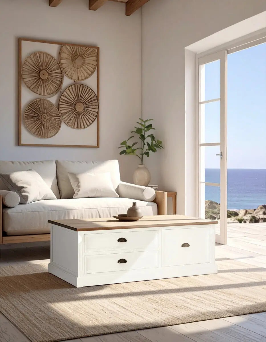 Fir Wood Veneer Top and White Wooden Coffee Table with 3 Drawers, Hardwick