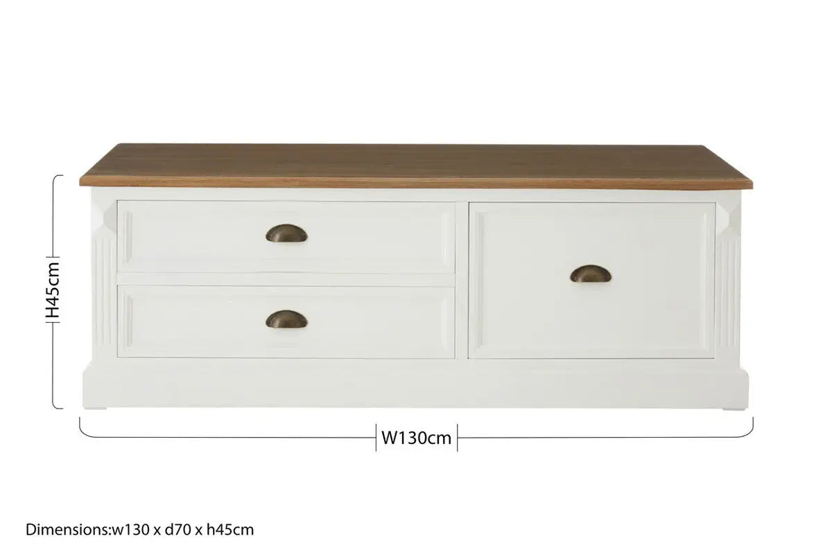 Fir Wood Veneer Top and White Wooden Coffee Table with 3 Drawers, Hardwick