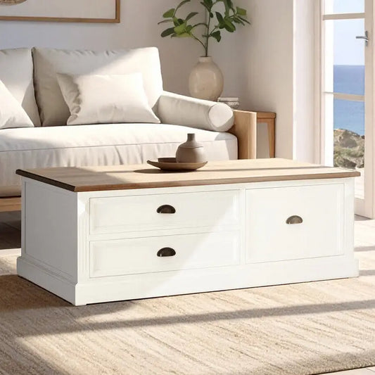 Fir Wood Veneer Top and White Wooden Coffee Table with 3 Drawers | Hardwick