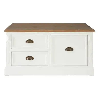 Fir Wood Veneer Top and White Wooden Square Coffee Table with 3 Drawers, Hardwick