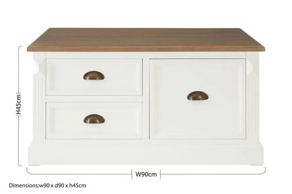 Fir Wood Veneer Top and White Wooden Square Coffee Table with 3 Drawers, Hardwick