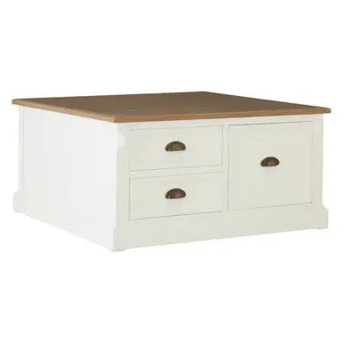 Fir Wood Veneer Top and White Wooden Square Coffee Table with 3 Drawers, Hardwick