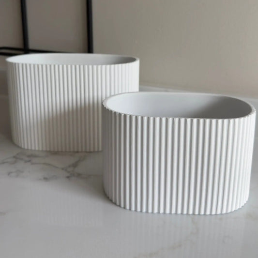 Flutini | White Fluted Oval Stone Resin Indoor Plant Pots (2 Pot Set)