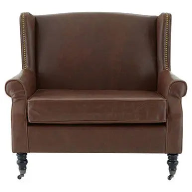 Fulham Brown Faux Leather Wingback Armchair with Gold Stud Detail