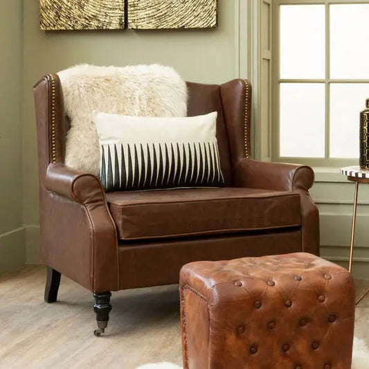 Fulham Brown Faux Leather Wingback Armchair with Gold Stud Detail