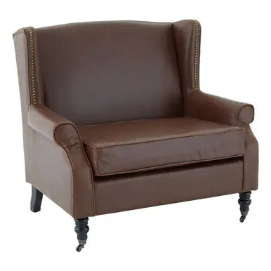 Fulham Brown Faux Leather Wingback Armchair with Gold Stud Detail