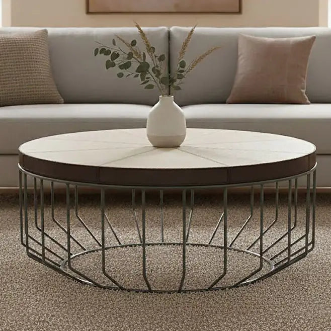 Genuine Leather Coffee Table with Distressed Grey Iron Cage Base, Kensington Townhouse