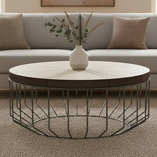 Genuine Leather Coffee Table with Distressed Grey Iron Cage Base, Kensington Townhouse
