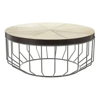 Genuine Leather Coffee Table with Distressed Grey Iron Cage Base, Kensington Townhouse