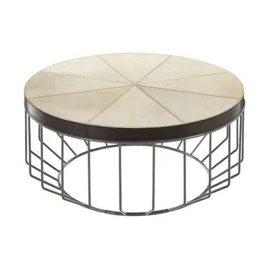 Genuine Leather Coffee Table with Distressed Grey Iron Cage Base, Kensington Townhouse