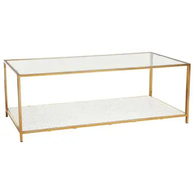 Glass Top Coffee Table with White Terrazzo Effect Shelf and Gold Metal Frame, Novi