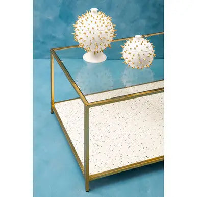 Glass Top Coffee Table with White Terrazzo Effect Shelf and Gold Metal Frame, Novi