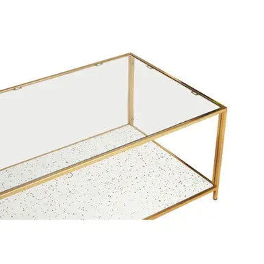Glass Top Coffee Table with White Terrazzo Effect Shelf and Gold Metal Frame, Novi