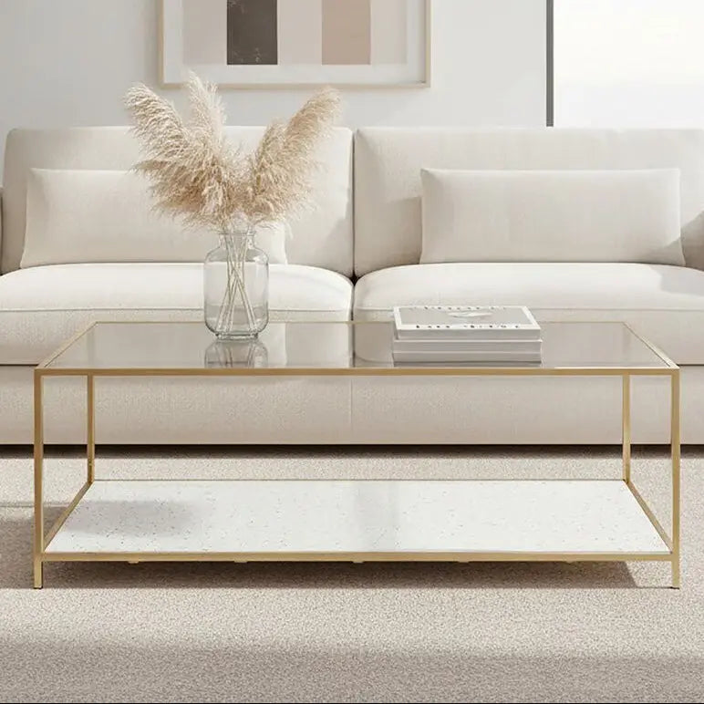 Glass Top Coffee Table with White Terrazzo Effect Shelf and Gold Metal Frame, Novi