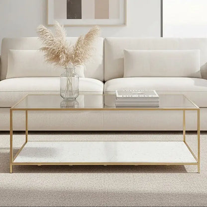 Glass Top Coffee Table with White Terrazzo Effect Shelf and Gold Metal Frame, Novi