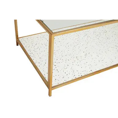 Glass Top Coffee Table with White Terrazzo Effect Shelf and Gold Metal Frame, Novi