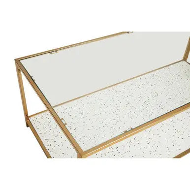 Glass Top Coffee Table with White Terrazzo Effect Shelf and Gold Metal Frame, Novi