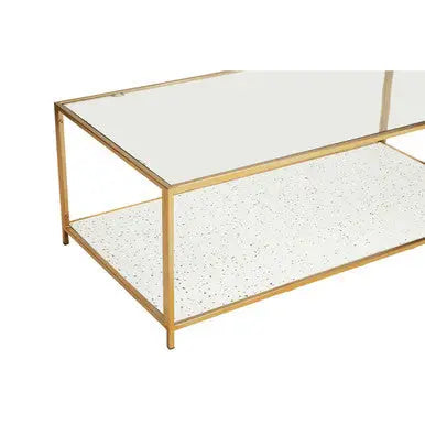 Glass Top Coffee Table with White Terrazzo Effect Shelf and Gold Metal Frame, Novi