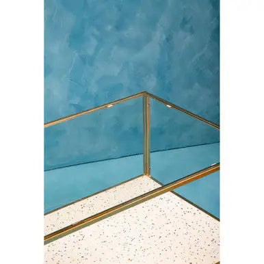 Glass Top Coffee Table with White Terrazzo Effect Shelf and Gold Metal Frame, Novi