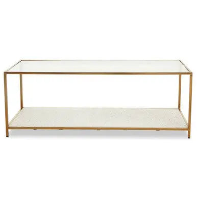 Glass Top Coffee Table with White Terrazzo Effect Shelf and Gold Metal Frame, Novi