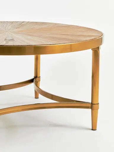 Gold Aged Fir Wood Rustic Top Coffee Table with Stainless Steel Curved Base, Jana