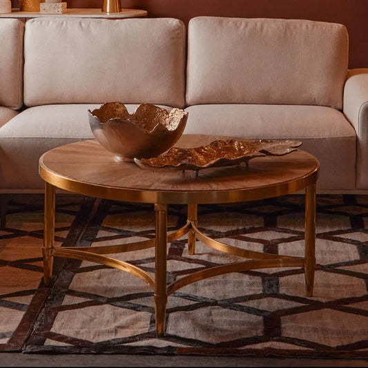 Gold Aged Fir Wood Rustic Top Coffee Table with Stainless Steel Curved Base, Jana
