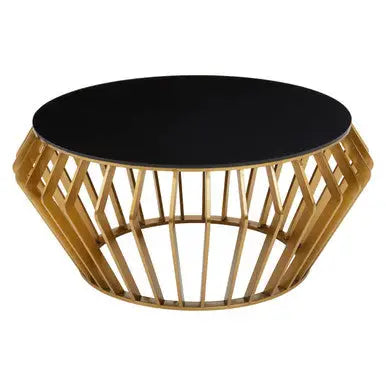 Gold Base Round Coffee Table with Black Glass Top, Ackley