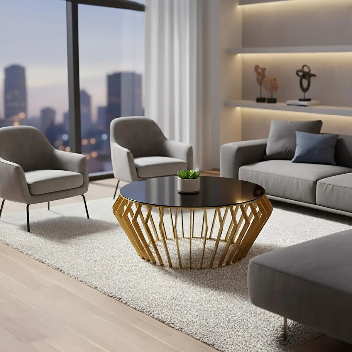 Gold Base Round Coffee Table with Black Glass Top, Ackley