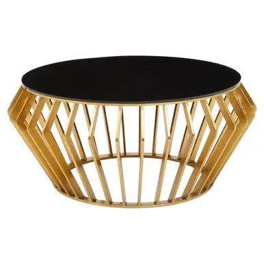 Gold Base Round Coffee Table with Black Glass Top, Ackley