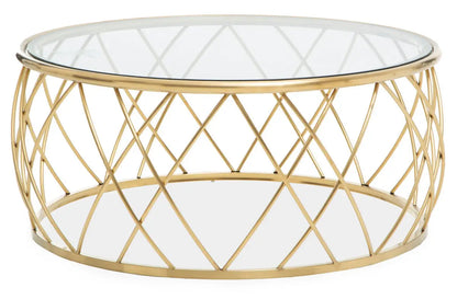 Gold Base Round Coffee Table with Clear Glass Top, Ackley
