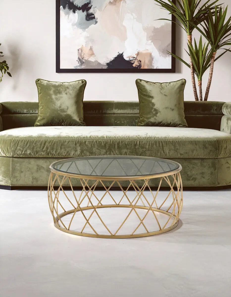 Gold Base Round Coffee Table with Clear Glass Top, Ackley
