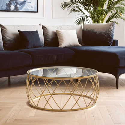 Gold Base Round Coffee Table with Clear Glass Top, Ackley