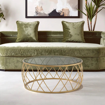 Gold Base Round Coffee Table with Clear Glass Top, Ackley