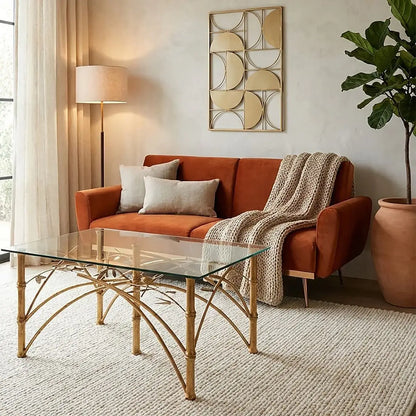 Gold Clear Tempered Glass Top Table with Bamboo Design Metal Legs, Zariah