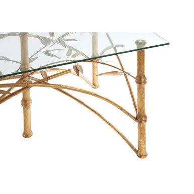 Gold Clear Tempered Glass Top Table with Bamboo Design Metal Legs, Zariah