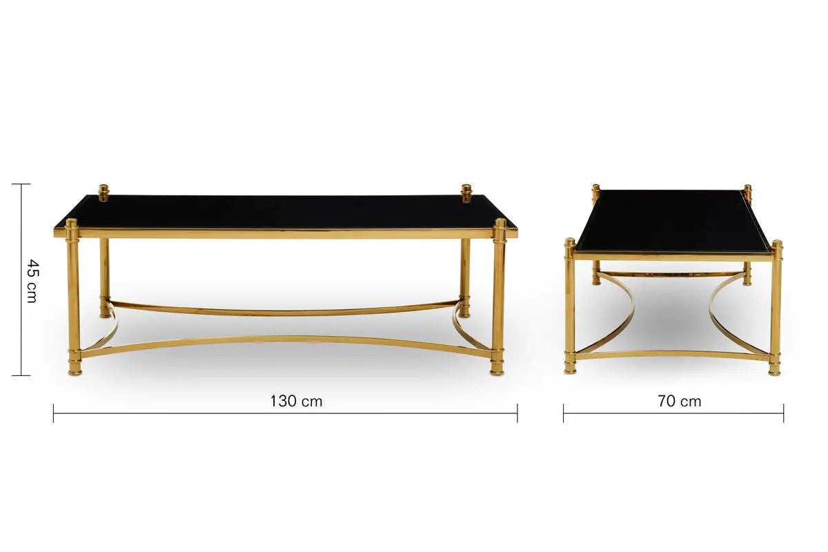 Gold Finish Base Coffee Table with Black Glass Top, Ackley
