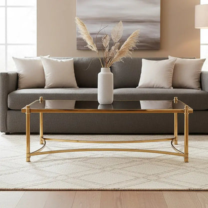Gold Finish Base Coffee Table with Black Glass Top, Ackley