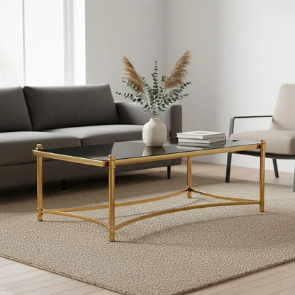 Gold Finish Base Coffee Table with Black Glass Top, Ackley