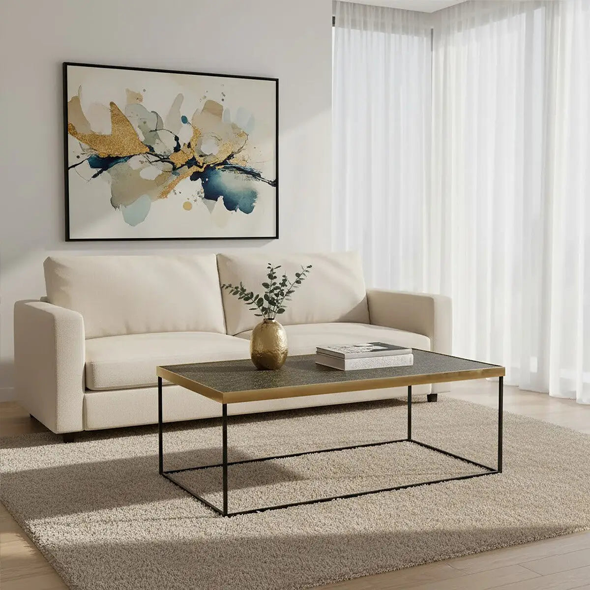 Gold Finish Coffee Table with Black Metal Frame, Akola