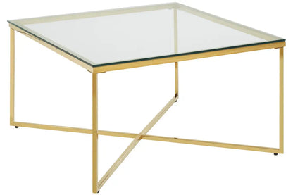 Gold Finish Coffee Table with Intersecting Cross Base and Clear Glass Top, Allure