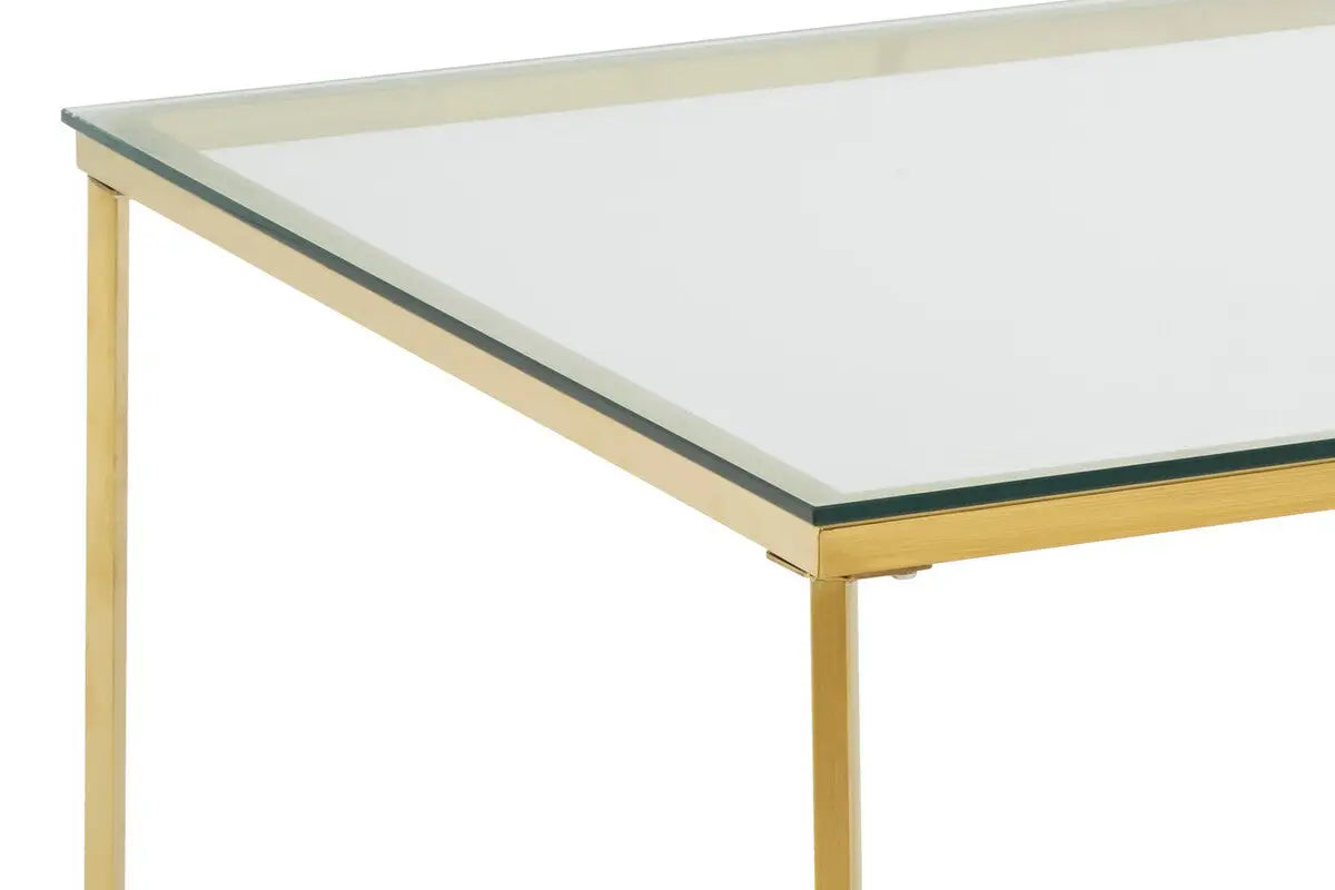 Gold Finish Coffee Table with Intersecting Cross Base and Clear Glass Top, Allure