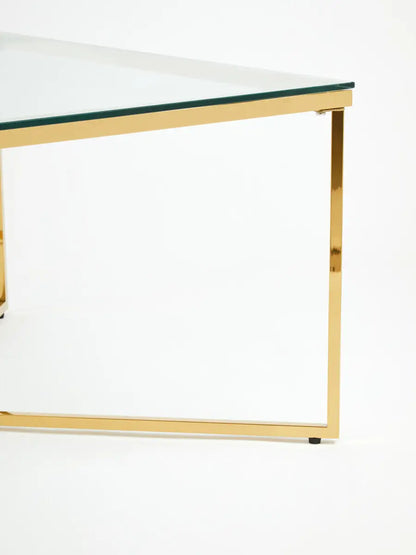 Gold Finish Coffee Table with Intersecting Cross Base and Clear Glass Top, Allure