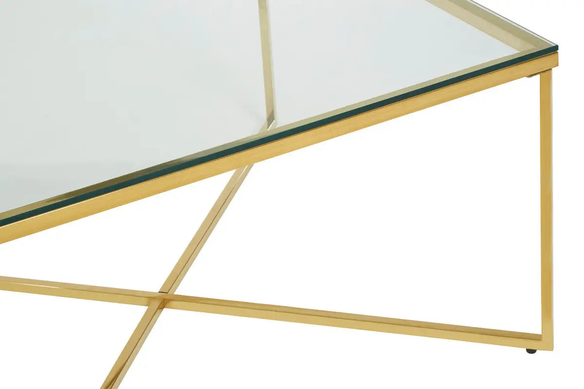 Gold Finish Coffee Table with Intersecting Cross Base and Clear Glass Top, Allure
