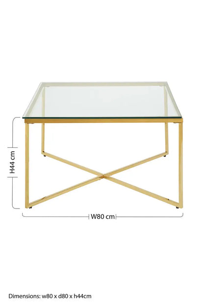 Gold Finish Coffee Table with Intersecting Cross Base and Clear Glass Top, Allure
