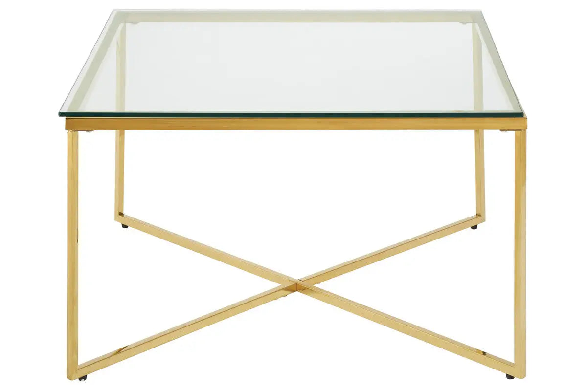Gold Finish Coffee Table with Intersecting Cross Base and Clear Glass Top, Allure