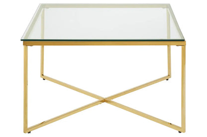 Gold Finish Coffee Table with Intersecting Cross Base and Clear Glass Top, Allure
