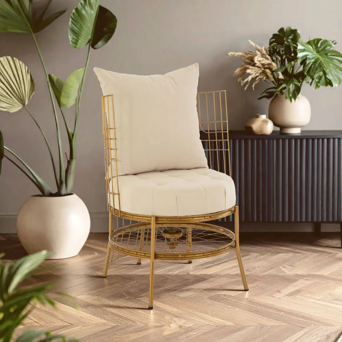 Gold Finish Wheel Design Chair with Cushion | Mantis