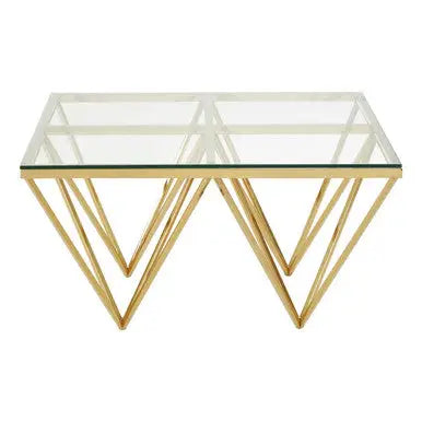 Gold Prismatic Square Coffee Table with Clear Glass Top and Pincer Style Legs, Allure